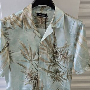 Casual Blue and Brown Button Down Shirt with Botanical Print